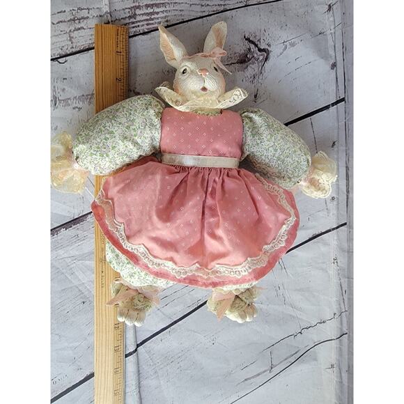 Rabbit Doll Figurine Shelf Sitter Ceramic Head, Hands Body Handmade Clothing - Picture 8 of 8